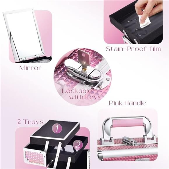 Makeup Train Case Cosmetic Box Portable Makeup Case Organizer 2 Trays Storage - Picture 4 of 7